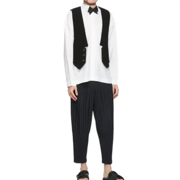 Homme Plisse Issey Miyake White Shirt Bow Tie Collar Print Size 2 Japan